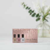 Glam Rose Gold Metallic Glitter Drips Nail Polish Business Card (Standing Front)