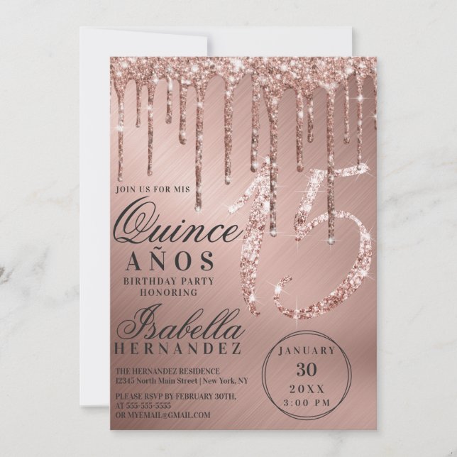 Glam Rose Gold Metallic Glitter Drips Quinceañera Invitation (Front)
