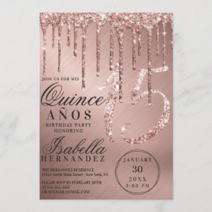 Glam Rose Gold Metallic Glitter Drips Quinceañera Invitation