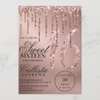 Glam Rose Gold Metallic Glitter Drips Sweet 16