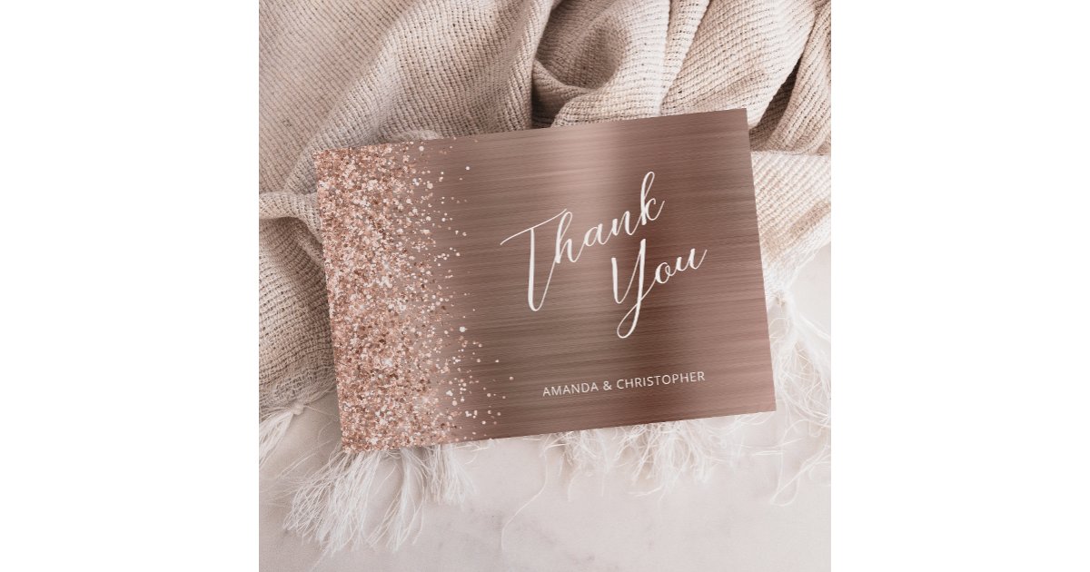 Glam Rose Gold Metallic Wedding Flat Thank You Card | Zazzle