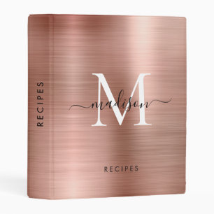 Glam Rose Gold Monogram Script Brushed Metal Steel Mini Binder