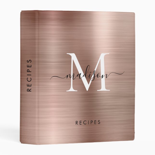 Glam Rose Gold Monogram Script Brushed Metal Steel Mini Binder (Front/Spine)