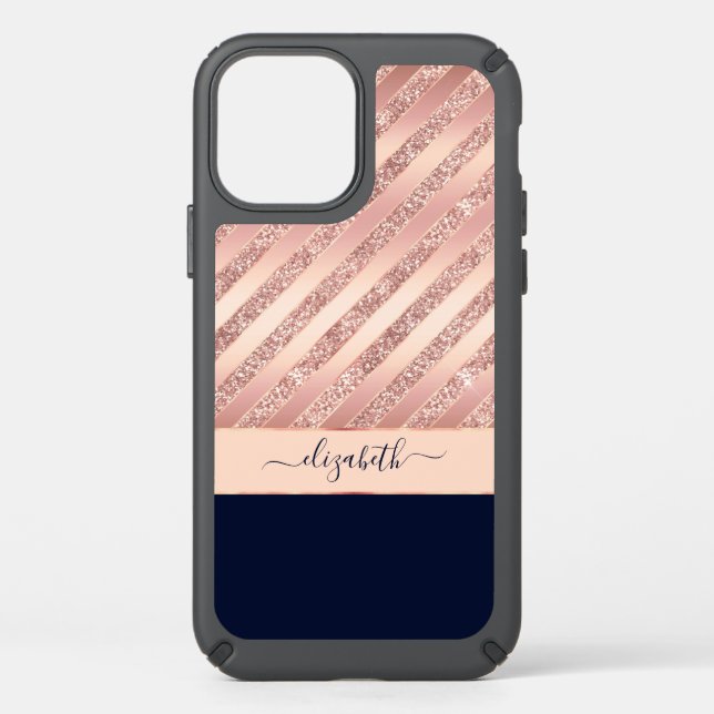Glam Rose Gold Navy Glitter Girly Personalized Speck iPhone 12 Case (Front)