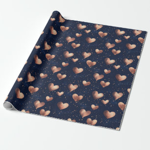 Glam Rose Gold & Navy Hand Drawn Hearts Glitter Wrapping Paper