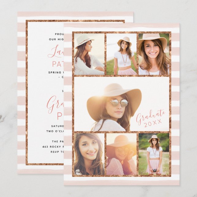 Glam Rose Gold Photo Collage Graduation Invitation (Front/Back)