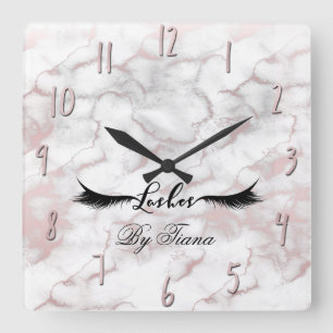 Glam Rose Gold Pink Marble Lashes Beauty Makeup Square Wall Clock