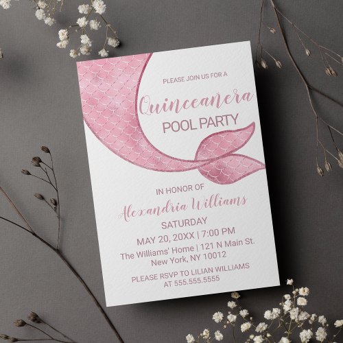 Glam Rose Gold Pink Mermaid Tail Quinceaera  Invitation