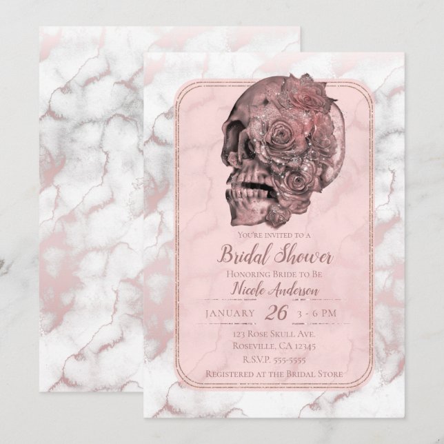 Glam Rose Gold Pink Skull Marble Bridal Shower Invitation (Front/Back)