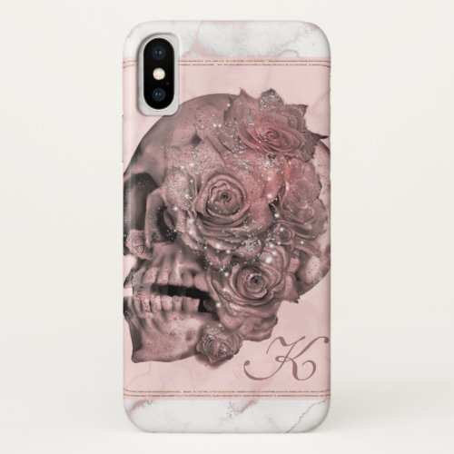 Glam Rose Gold Pink Skull Marble iPhone XS Case