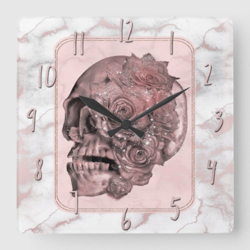 Glam Rose Gold Pink Skull Marble Square Wall Clock