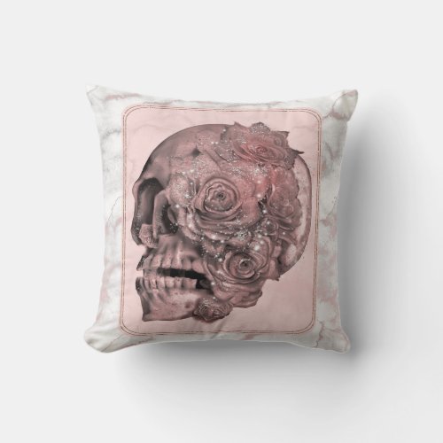 Glam Rose Gold Pink Skull Marble Throw Pillow