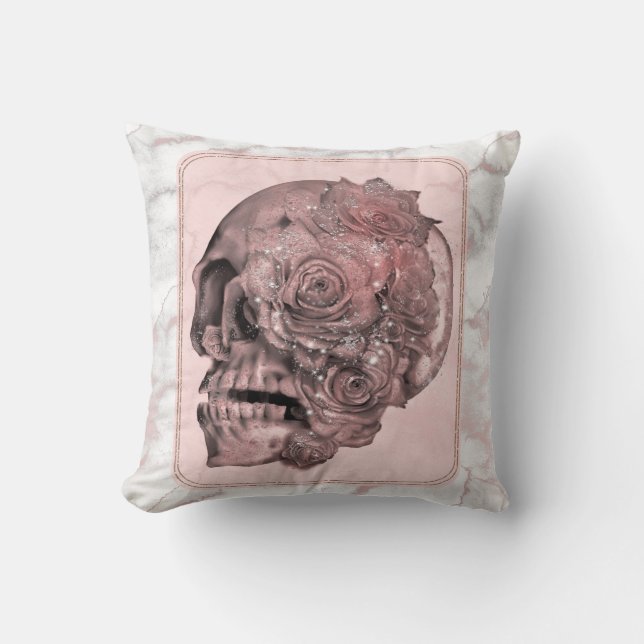 Glam Rose Gold Pink Skull Marble Throw Pillow (Front)