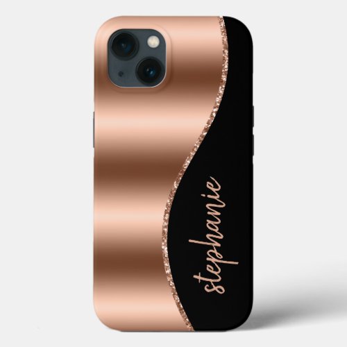 Glam Rose Gold Signature Faux Foil Wave Black iPhone 13 Case