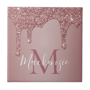 Glam Rose Gold Sparkle Glitter Drips Monogram Ceramic Tile