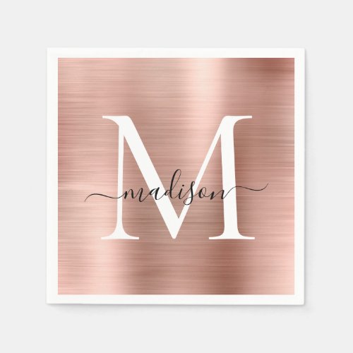 Glam Rose Gold Sparkle Monogram Script Metallic Napkins