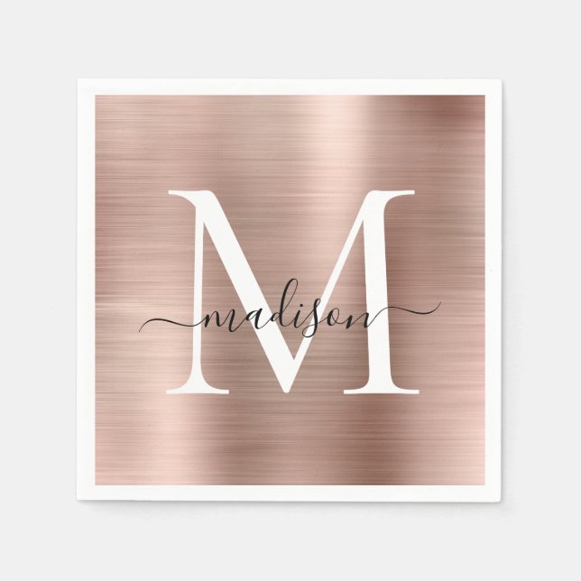 Glam Rose Gold Sparkle Monogram Script Metallic Napkins (Front)