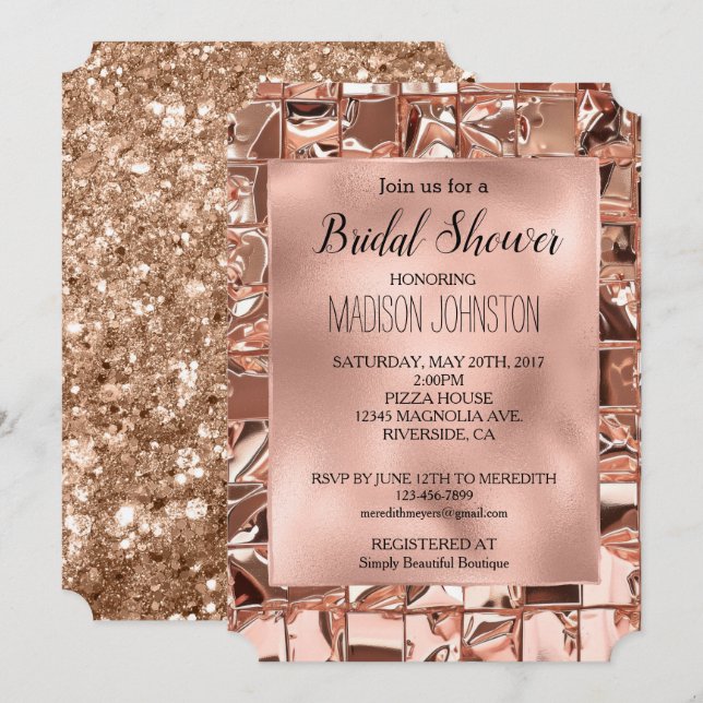 Glam Rose Gold Squares Glitter Bridal Shower Invitation (Front/Back)