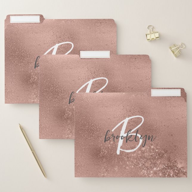 Glam Rose Gold Trendy Script Monogram File Folder (Set)