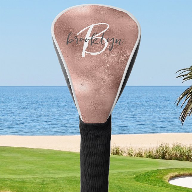 Glam Rose Gold Trendy Script Monogram Golf Head Cover (Creator Uploaded)