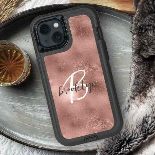 Glam Rose Gold Trendy Script Monogram iPhone 15 Pro Max Case