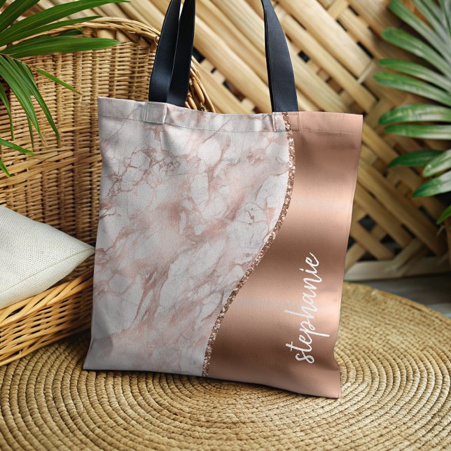 Glam Rose Gold White Marble Metallic Name Tote Bag (Creator Uploaded)