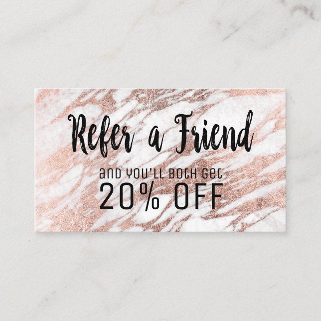 Glam Rose Gold White Marble Referral Card (Front)
