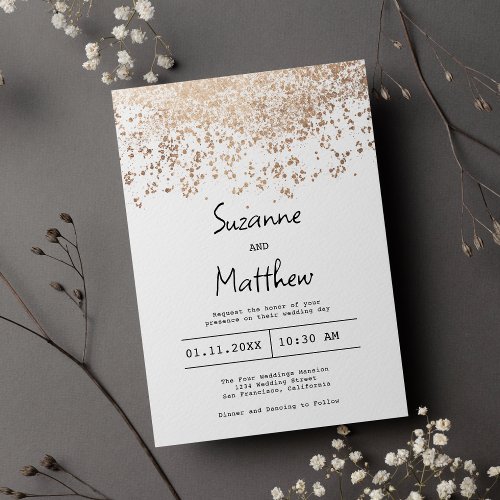 Glam rose gold white script confetti wedding invitation