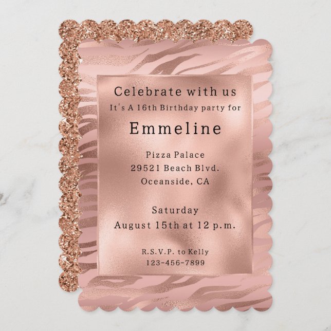 Glam Rose Gold Zebra Invitation (Front/Back)