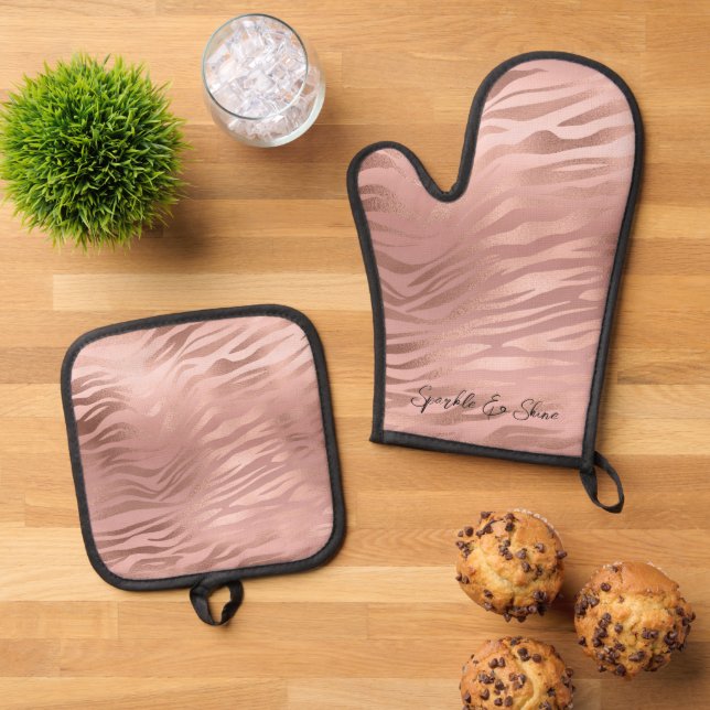 Glam Rose Gold Zebra Print Oven Mitt & Pot Holder Set (Top Down)