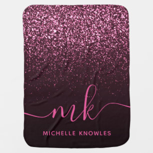 Glam Rose Pink Glitter Modern Script Monogram Name Baby Blanket