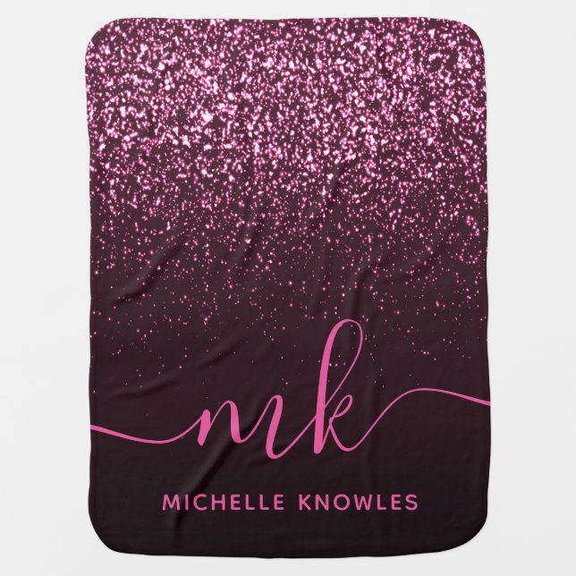 Glam Rose Pink Glitter Modern Script Monogram Name Baby Blanket (Front)