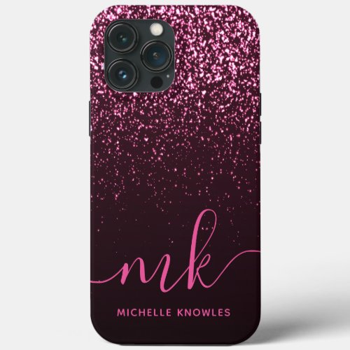 Glam Rose Pink Glitter Modern Script Monogram Name iPhone 13 Pro Max Case
