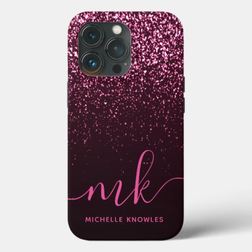 Glam Rose Pink Glitter Modern Script Monogram Name iPhone 13 Pro Case