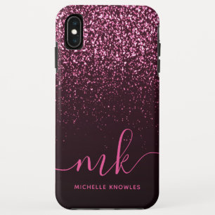 Glam Rose Pink Glitter Modern Script Monogram Name iPhone XS Max Case