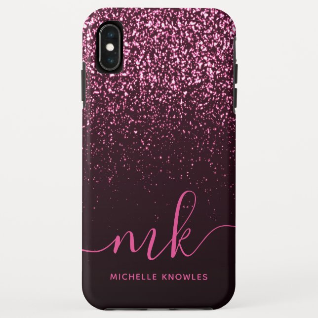 Glam Rose Pink Glitter Modern Script Monogram Name Case-Mate iPhone Case (Back)