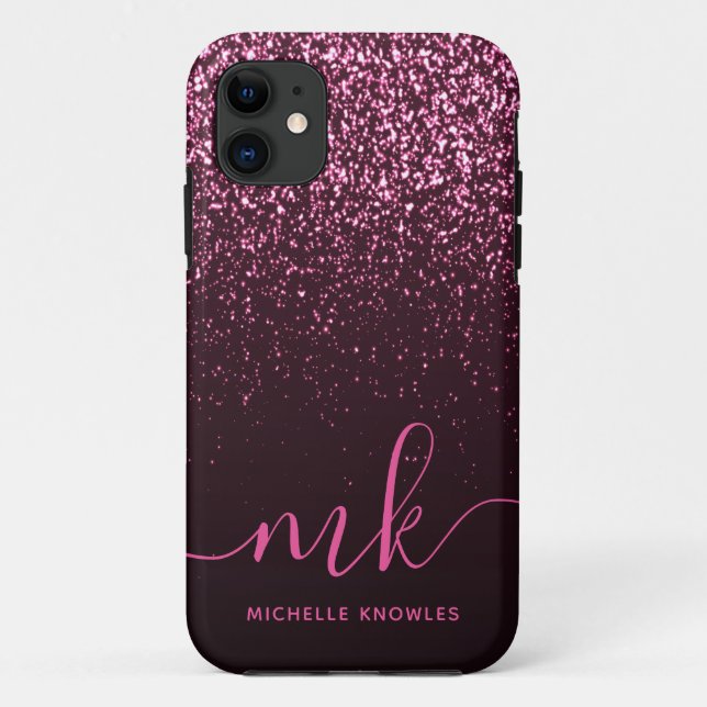 Glam Rose Pink Glitter Modern Script Monogram Name Case-Mate iPhone Case (Back)