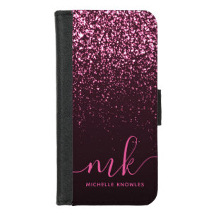 Glam Rose Pink Glitter Modern Script Monogram Name iPhone 8/7 Wallet Case