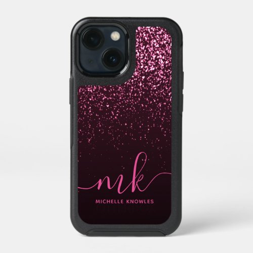 Glam Rose Pink Glitter Modern Script Monogram Name iPhone 13 Mini Case