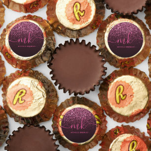 Glam Rose Pink Glitter Modern Script Monogram Name Reese's Peanut Butter Cups