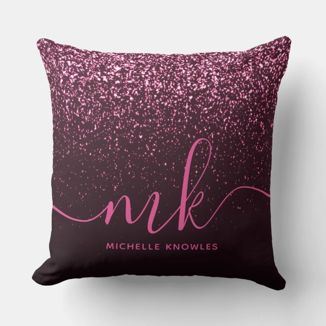 Glam Rose Pink Glitter Modern Script Monogram Name Throw Pillow (Front)