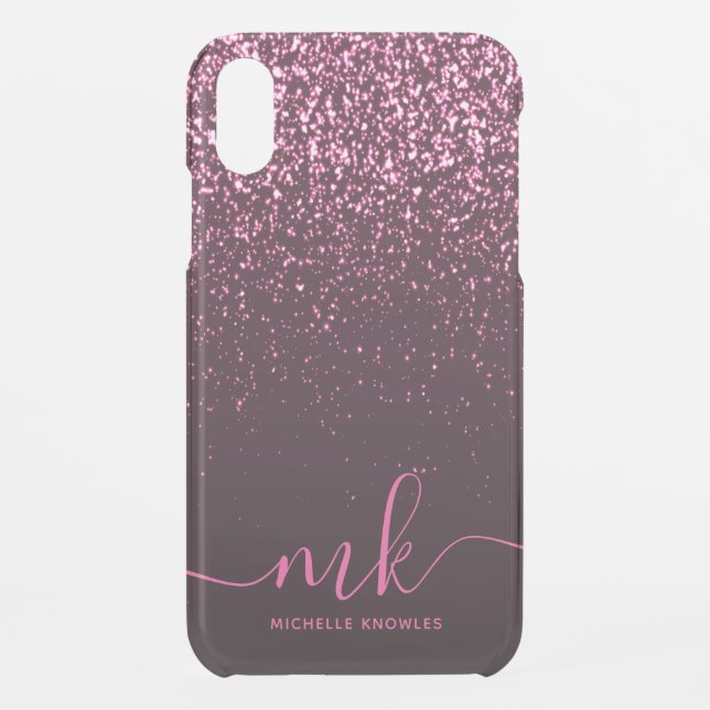 Glam Rose Pink Glitter Modern Script Monogram Name Uncommon iPhone Case (Back)