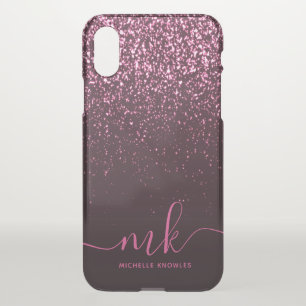 Glam Rose Pink Glitter Modern Script Monogram Name iPhone X Case
