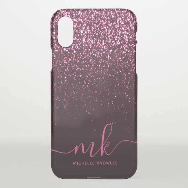 Glam Rose Pink Glitter Modern Script Monogram Name Uncommon iPhone Case (Back)