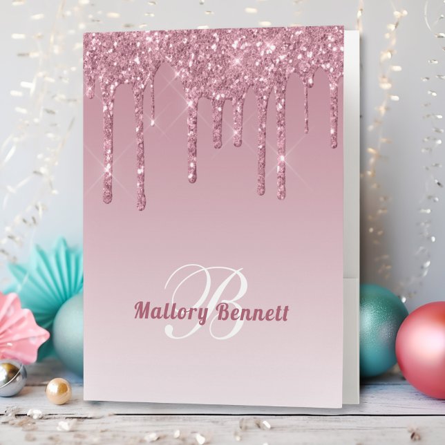 Glam Rose Pink Sparkly Drip Glitter Pocket Folder (Creator Uploaded)