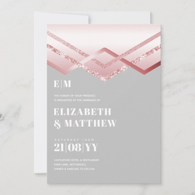 Glam Rosegold DECO Wedding Invite Modern Chic (Front)