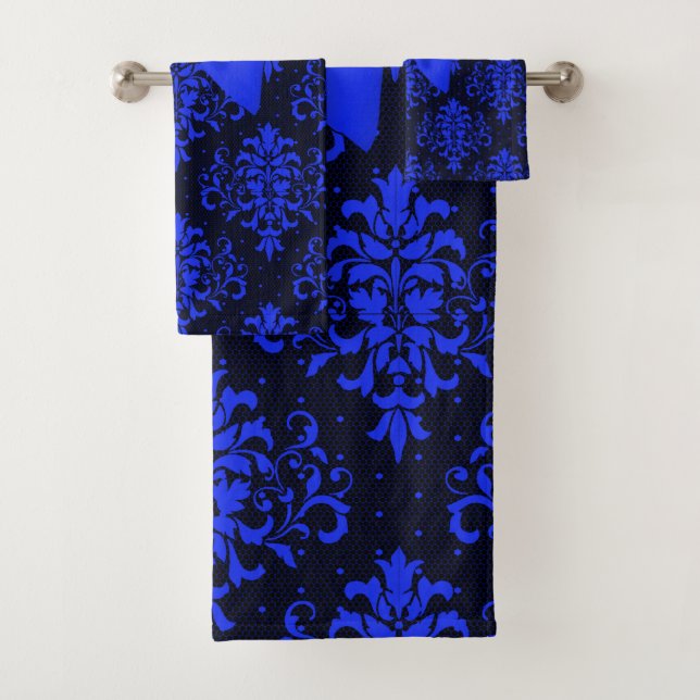 Glam Royal Blue Bow-Blue Lace-Black Bath Towel Set (Insitu)