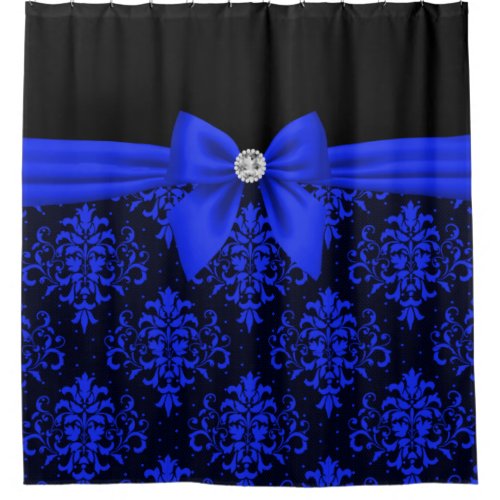 Glam Royal Blue Bow_Blue Lace_Black Shower Curtain