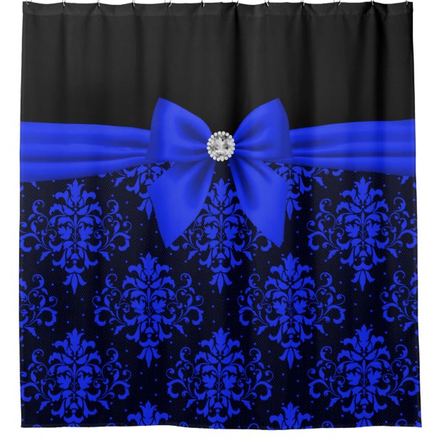 Glam Royal Blue Bow-Blue Lace-Black Shower Curtain (Front)