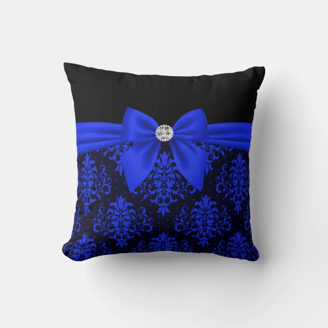 Glam Royal Blue Bow-Blue Lace-Black Throw Pillow (Front)
